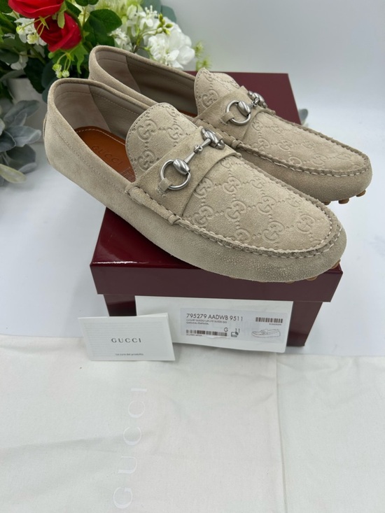 Men\'s Gucci oatmeal GG suede driver loafers size 11 fits 12 US made in Italy main image 6